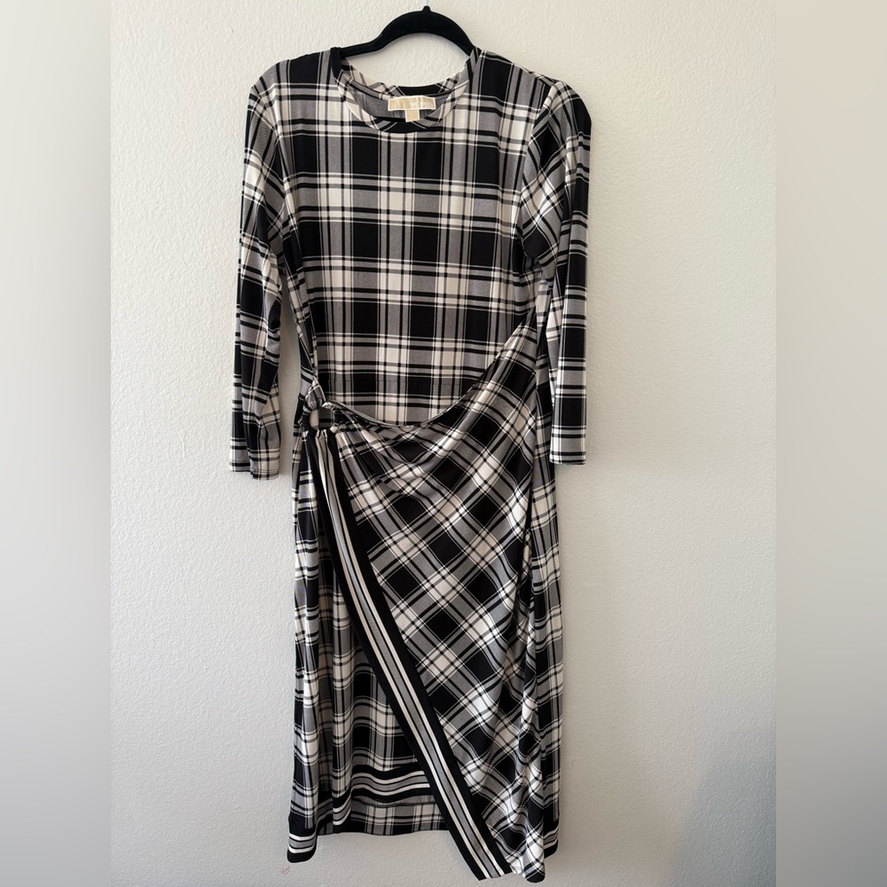 Michael Kors Black and White Plaid Long Sleeve Dress